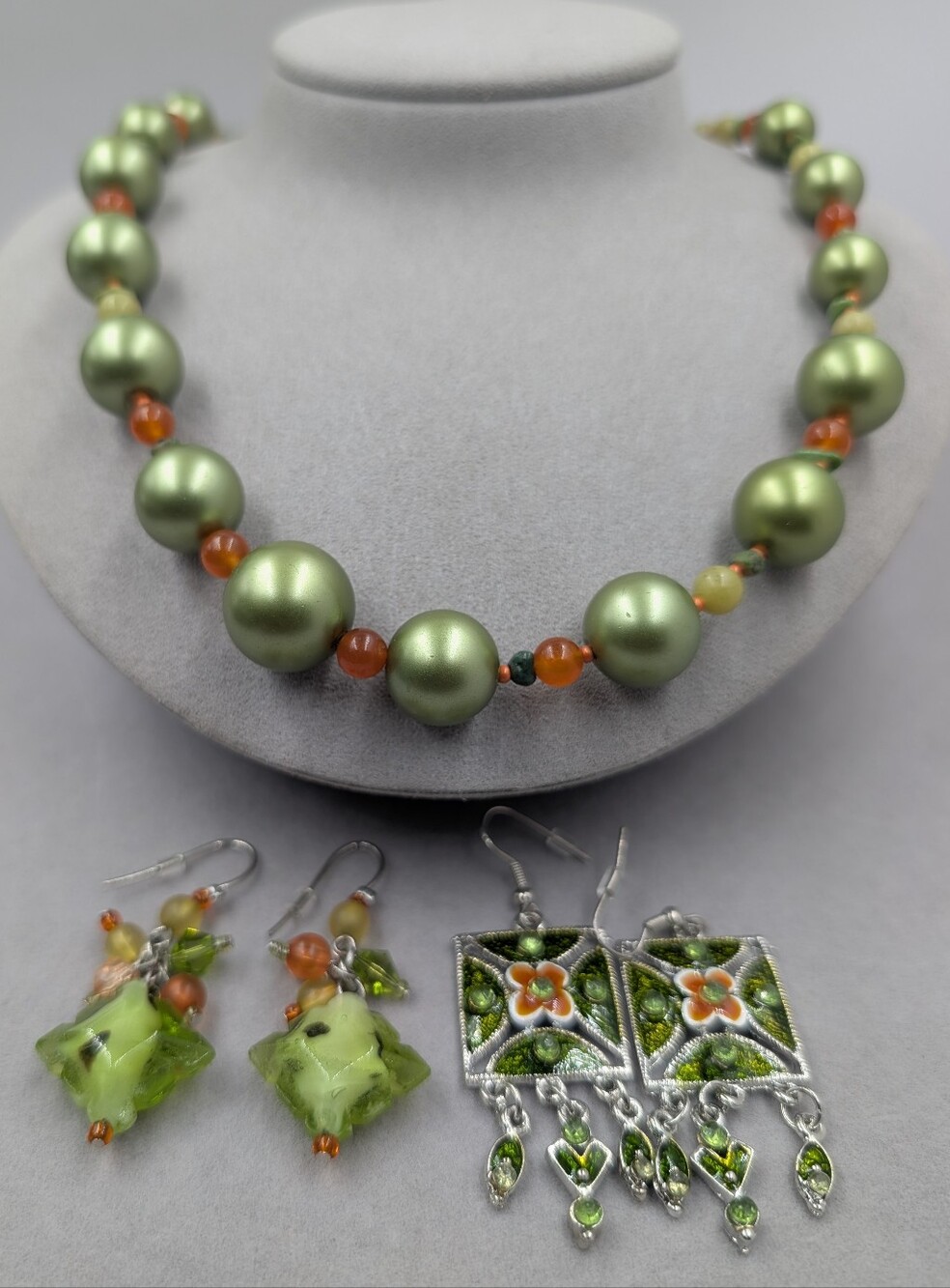 Green Orange Statement Jewelry Set Necklace + 2 Pair Earrings | 0914